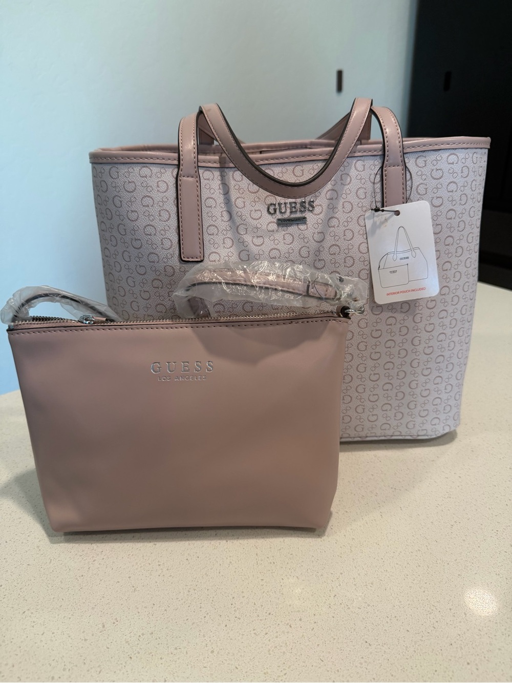 GUESS Pink Logo Print Tote with Removable Pouch